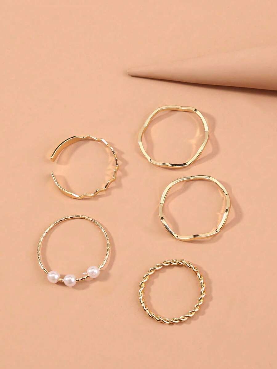 Set de 5 anillos ondulados ajustables minimalistas de perla falsa, adecuados para apilar diariamente para mujeres