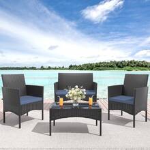 4-Piec Rattan Outdoor Furniture Patio Conversation Set For Backyard, Porch, Poolside W/Coffee Table-Sand - Blue - View 2