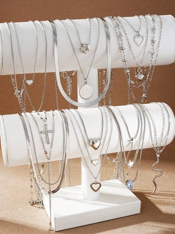 7/12pcs Fashion Minimalist Heart, Star, Snake, Cross, Butterfly Rhinestone Pendant Necklace Set, Gift For Women, Suitable For Date, Vacation, Party, Daily Wear