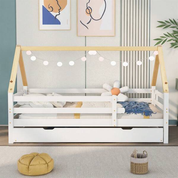 Sairedel Treehouse Bed, Day Bed, Single Bed, Children's Bed, Pull-Out Bed, Sliding Bed With Castors Underneath, Solid Wood, White Bed, Natural-Colored Roof Truss (90x200 & 90x190CM)