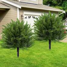 24 Inch Artificial Cedar Ball Tree With Ground Spikes, UV Resistant Fake Shrubs, Set Of 2 Artificial Cypress Fake Plants Artificial Shrubs For Indoor And Outdoor Front Porch Garden Decorations, Christmas Decorations