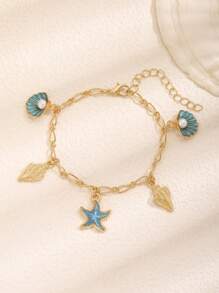 1 pieza Pulsera elegante y linda de niñas con estilo océano creativo, con colgantes de concha, estrella de mar y perla falsa, ideal para uso regular, vacaciones de playa y verano