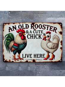 1pc Vintage Decorative Metal Tin Sign "One Old Rooster And A Cute Chick Live Here" - Multi-Purpose Wall Plaque For Home, Bar, Cafe, Garden, Farmhouse - Weather-Resistant, Pre-Drilled, British Humor Tin Sign Gift, 8" X 12" - For Yard, Street, Mall, Garage, Man Cave, Bedroom, Random Style