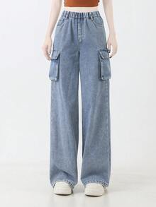 Teen Girl Blue Cargo Pants, Multi-Pocket Casual Loose Long Washed Denim Jeans - Blue - View 5