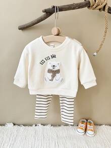 2 件套女婴服装套装：可爱北极熊刺绣白色长袖运动衫 + 打底裤，春秋 - 米色 - 查看 1
