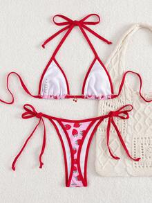 2 piezas Conjunto de bikini de mujer con estampado de cerezas, escote halter, para vacaciones en la playa con ribete contrastante, para verano - Multicolor - Ver 2