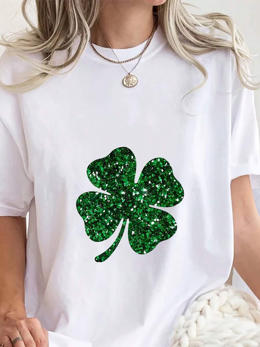 St. Patrick's Day Women's Long Sleeve Crew Neck T-Shirt - Glittery Four-Leaf Clover Print Casual Top, Machine Washable Spring & Fall Holiday Apparel, Everyday Comfort, Festive Design, Smooth Fabric - 白色 - 查看 1