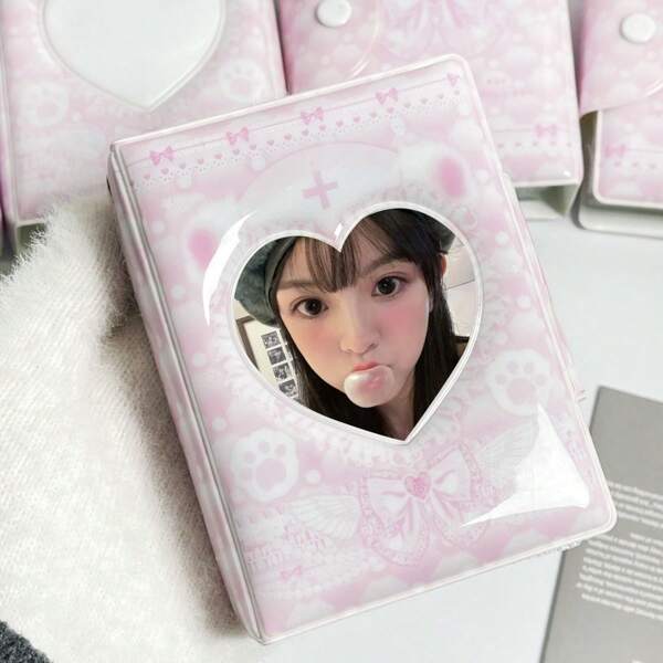 1pc Pink & White Heart & Bow Decor Bear Photo Frame Clip, Holds 3-3.5inch KPop Photocards, Photos, Mini Album, DIY Hollow Heart Shape Cover, Glossy Film With Button, Can Fit 32pcs Photos/Cards