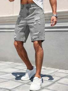 男士时尚做旧宽松休闲牛仔短裤 - 灰色 - 查看 7