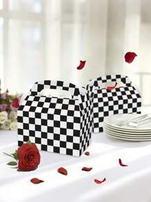 12pcs-Black & White Plaid Gift Box, Race-Themed Party Snack Box, Party Favors Treat Boxes, DIY Favors Bag, Gable Boxes Snack Boxes With Handles, For Birthday Party Decor,Halloween, Christmas Decorations