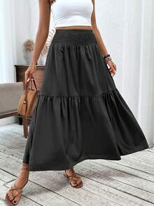 Plus Size Women Casual Solid Color Long Skirt Spring - Pure Black - View 7