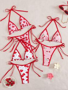2 piezas Conjunto de bikini de mujer con estampado de cerezas, escote halter, para vacaciones en la playa con ribete contrastante, para verano - Multicolor - Ver 5