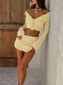 Summer Sexy Ruffle Trim Long Sleeve Skirt 2 Pieces Set For Ladies