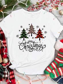 Camiseta Casual de Cuello Redondo de Navidad para Hombres y Mujeres - Mezcla Cómoda de Dacron y Spandex con Árboles Festivos y Copos de Nieve - Tejido de Punto Transpirable, Diseño de Bloques de Color, Top de Ajuste Regular para las Fiestas - Negro - Ver 3