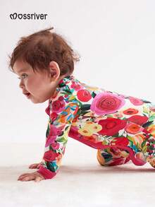 Newborn Baby Girl Bamboo Fiber Bodysuit With Zipper, Floral Series Hand-Painted Roses Full Body Print Pattern, Baby Jumpsuit Long Pants Baby Girl Bamboo Fiber Clothes,Toddler & Infant Girl's Bodysuit - 彩色 - 查看 2