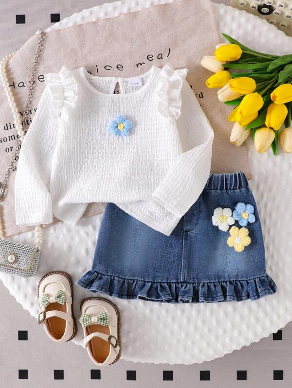 Conjunto de 2 piezas para niña bebé, blusa de manga larga con decoración de flores 3D y falda vaquera con cintura de lazo y dobladillo con decoración de flores 3D