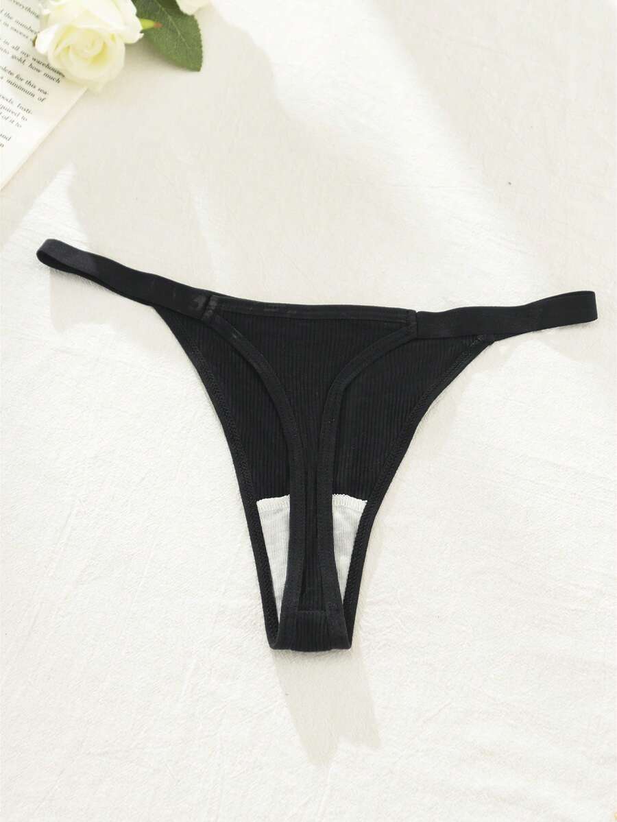 1 件女士纯色舒适低腰丁字裤 - 黑色 - 查看 1