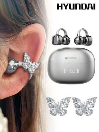 HYUNDAI HYUNDAI Clipbuds7 Fashionable Bluetooth Earphones With Butterfly Earphone Accessories, Clip-On Open-Ear Bluetooth 5.4 Directional Audio Surround Sound, Display Battery Level, Long Lasting, Low Latency For Gaming & Music, Comfortable Wear, No Piercing Needed, Fashionable Earring Accessory, Gift For Women