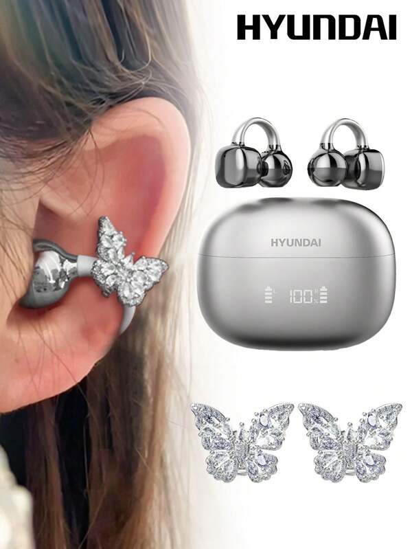 HYUNDAI Căști Bluetooth HYUNDAI Clipbuds7 la modă cu accesorii pentru căști fluture, clip-on, cu sunet surround direcțional Bluetooth 5.4, afișare nivel baterie, lungă durată, latență redusă pentru jocuri și muzică, purtare confortabilă, nu necesită perforare, accesoriu la modă pentru cercei, cadou pentru femei