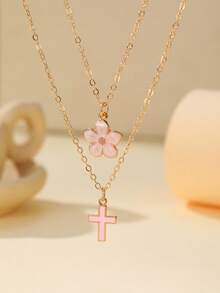 2 Pcs/Set Exquisite Fashion Five-Petal & Cross Pendant Necklace For Women,Cute Charm Summer Clavicle Necklace Sweet Cute Street Accessory Gift For Daily Life - Multicolor - View 1