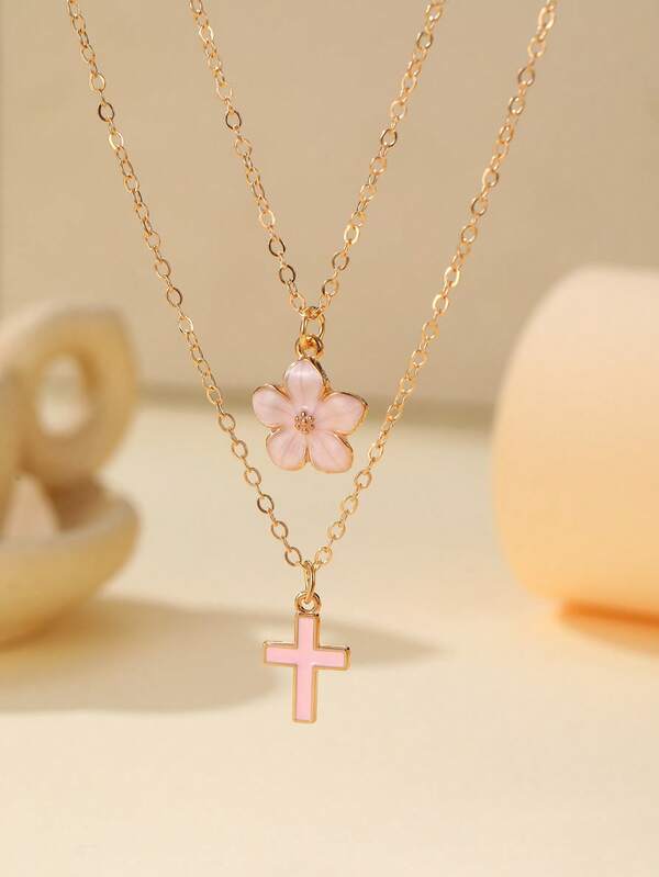 2 Pcs/Set Exquisite Fashion Five-Petal & Cross Pendant Necklace For Women,Cute Charm Summer Clavicle Necklace Sweet Cute Street Accessory Gift For Daily Life