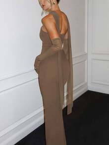 Damen plissiertes rückenfreies Maxikleid mit Schlitz und Handschuhen, figurbetontes sexy elegantes Abendkleid - Khaki - Übersicht 4
