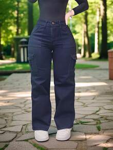 Pantalon jeans de mezclilla estilo corte ancho cargo stretch para dama mujer push up cintura alta urbano - Petroleo cargo con bolsas - Ver 3