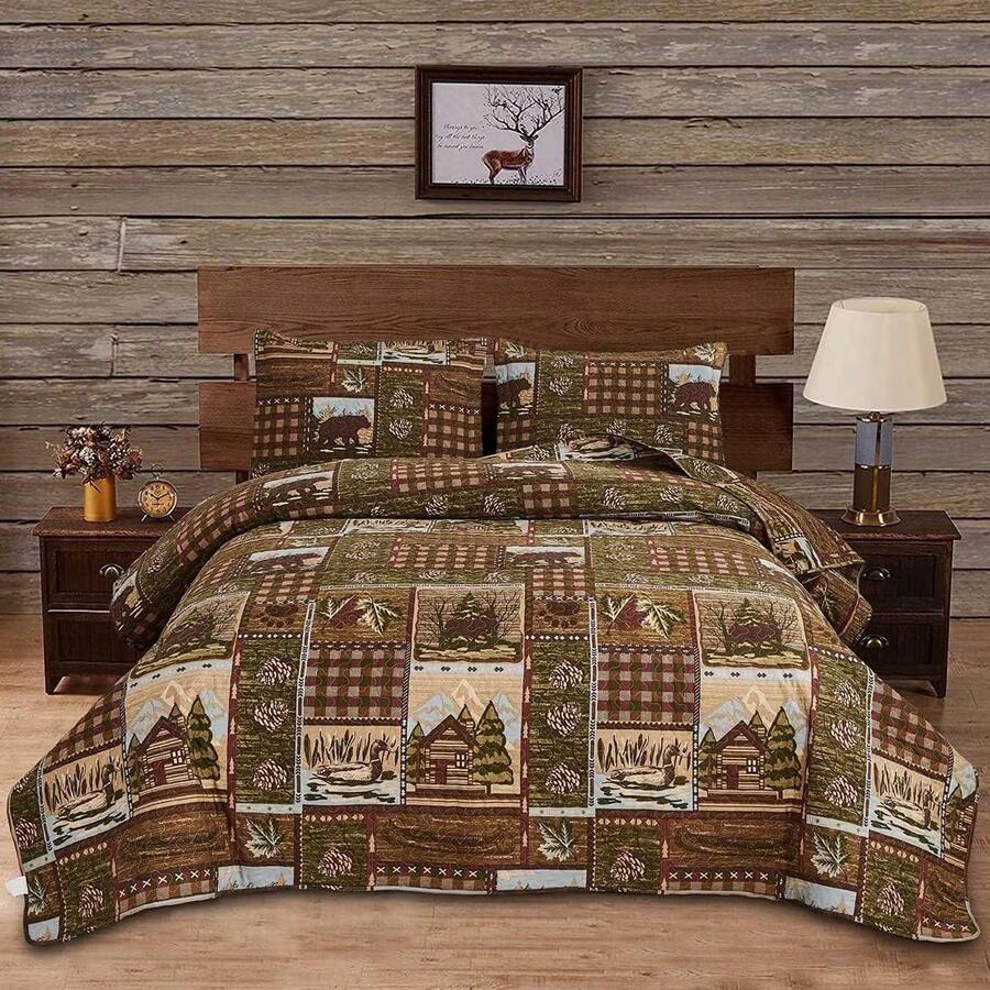 Reversible Lodge Plaid Bedding Moose Bear Quilt Full/Queen Size Rustic Bedspread Cabin Coverlet Wildlife Forest Daybed Cover Summer Lightweight Bed Cover Pillow Shams - Màu xanh sô cô la - Xem 1