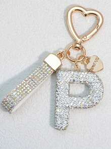 1pc Soft Pottery Pink Letter Rhinestones Keychain, Cute & Personalized Bag Charm, Car Key Chain, Heart Decor Gift For Mom, Friend, Valentine's Day School - White - View 9