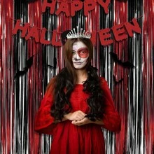 4PCS Black Red Foil Fringe Tinsel Backdrop Kit - 3.3x6.6ft Halloween Casino Theme Party Decorations For Photo Booth, Wedding, Birthday, Christmas, New Year's Eve, Bachelorette, Anniversary, Retirement Party Supplies, Door Wall Decor Indoor Outdoor, Black Red Party Supplies - Multicolor - View 8