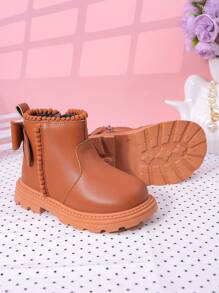 时尚新款儿童蝴蝶结靴，儿童高帮休闲平底踝靴，适合女童 - 棕色 - 查看 4