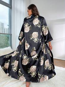 1pc Plus Size Women Floral Print Elegant Loose Belted Robe, Comfortable Fabric Sleepwear Suitable For Overweight/Obese Group, Suitable For Spring, Summer, Autumn, Winter Home/Sleep Use ,Vacation
