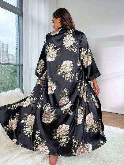 1 pieza Bata floral elegante y holgada con cinturón para mujer de talla grande, de tela cómoda, adecuada para el grupo de sobrepeso/obesidad, apta para uso en primavera, verano, otoño e invierno en el hogar/para dormir, otoño, atuendo acogedor