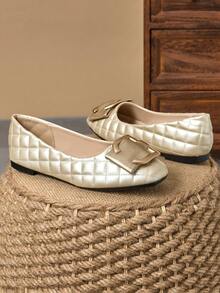 WHDXY 女士方头法式低帮蝴蝶结柔软浪漫风格平底鞋，时尚女士乐福鞋，春季新款百搭休闲平底女鞋 - 金色 - 查看 6