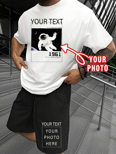 Customizable Men's 2-Piece Set, T-Shirt And Shorts, Casual, Loose Fit. Please Input Your Text - Name, Slogan, Fun Text, Blessing. You Can Also Upload Your Own Photo, Logo (Partner Photo, Pet Photo, Group Photo), Company Team Uniform, Party Custom Clothing. Suitable As A Gift For Boyfriend, Family, Friends On Birthday, Holidays, Valentine's Day, Anniversary. Photo Customized Gift For Him.