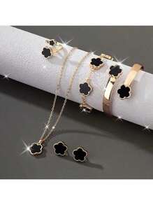 5-teiliges Set Glücksklee Halskette + Ohrringe + Ring + Armband + Armreif Legierung Schmuckset, einfaches & elegantes Design, Geburtstag, Weihnachten, Festivalfeier Mode-Accessoires für Frauen