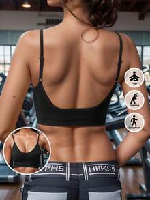 1pc High-Elastic Ribbed Yoga Bra, Shockproof Seamless Fitness Crop Top With Adjustable Straps, Breathable Open Back Sports Bra