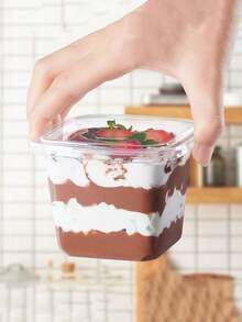 50 个/包 12 盎司带盖塑料甜点杯，透明方形蛋糕杯甜点容器，用于布丁、慕斯、水果酸奶和脆饼，厨房配件