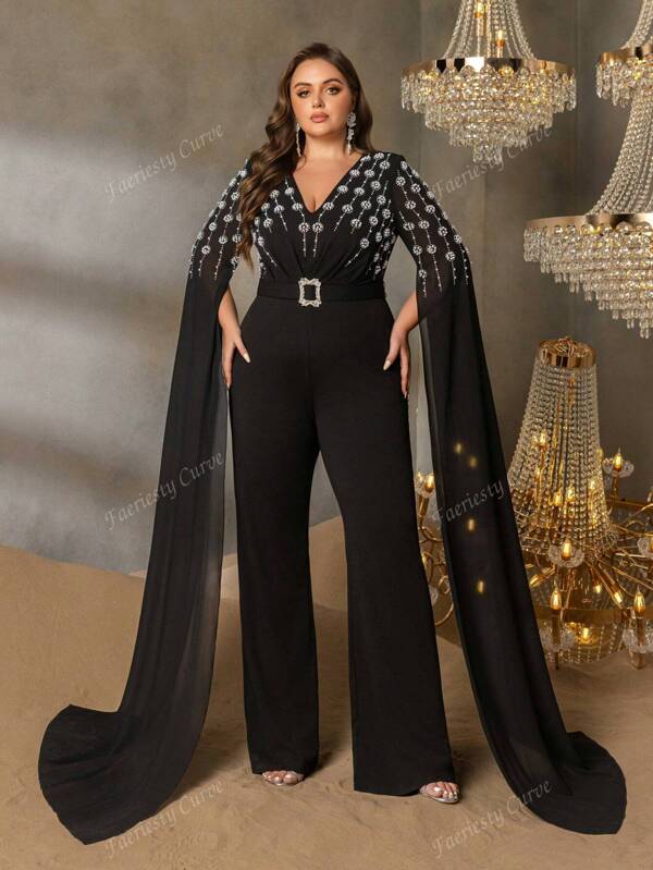 Plus Elegant Jumpsuit With V-Neck & Intricate Pearls Embellishments – Dramatic Flowing Cape For Luxury Evening Banquets, High-Profile Galas & Formal Award Shows