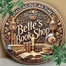 8x8 英寸复古金属墙面艺术标牌 - “Belle's Book Shop”，舒适的咖啡馆设计，配有书籍、灯具和花卉装饰 - 易于悬挂，耐用的金属结构，适用于卧室、厨房、餐厅、酒吧 - 非常适合家居、办公室或礼品装饰，复古咖啡馆设计，书籍装饰，房间装饰 - 彩色 - 查看 1