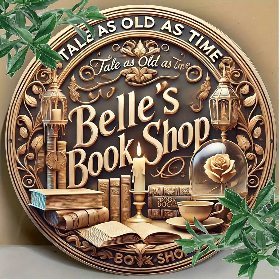 8x8 英寸复古金属墙面艺术标牌 - “Belle's Book Shop”，舒适的咖啡馆设计，配有书籍、灯具和花卉装饰 - 易于悬挂，耐用的金属结构，适用于卧室、厨房、餐厅、酒吧 - 非常适合家居、办公室或礼品装饰，复古咖啡馆设计，书籍装饰，房间装饰 - 彩色 - 查看 1