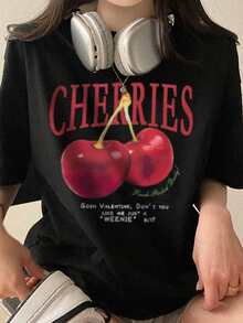 New Summer Women Cute Cherry Print Round Neck Casual Short Sleeve T-Shirt - Black - View 3