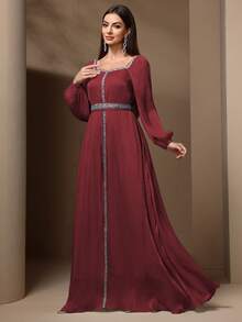 Solessence 女士优雅亮片拼接灯笼袖连衣裙，春夏 - 棗紅色 - 查看 5