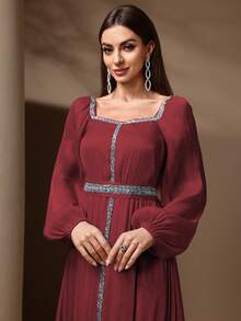 Solessence 女士优雅亮片拼接灯笼袖连衣裙，春夏 - 棗紅色 - 查看 8