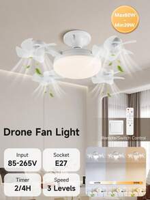 带灯吊扇，无人机造型 LED 灯，E27 灯泡，遥控器可调色温和亮度，3 档速度，适用于展厅/阅览室/餐厅/酒吧/卧室/咖啡厅/客厅/厨房