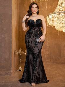 SUPGIR [Họa tiết ngẫu nhiên] Đầm dạ hội ôm sát không dây, hở lưng, bằng satin đính sequin, phối nhiều mảnh dành cho nữ cỡ lớn - màu đen - Xem 2