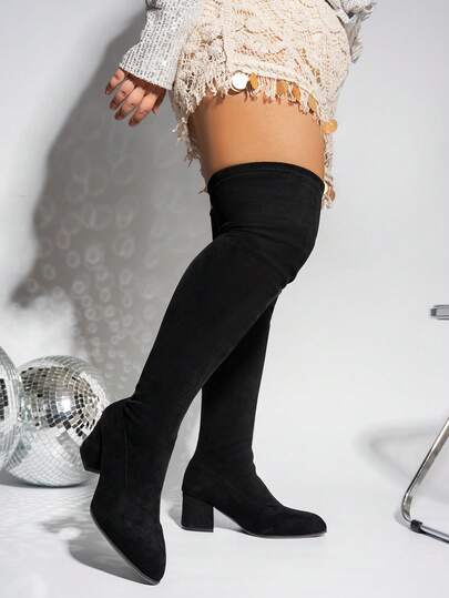宽松过膝长靴，弹力靴筒粗跟长靴，黑色女士高跟鞋，防滑宽跟高跟鞋