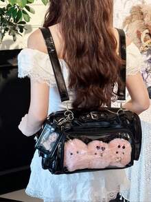 新款日系PU皮Y2K心形链条透明徽章包，休闲简约街头风多功能大容量单肩斜挎包，可装杂物、挂钥匙、收纳明信片 - 黑色 - 查看 10