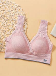 1pc Maternity Lace Trim Crossover Wireless Seamless Nursing Bra, Pink - Pink - View 6