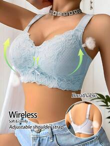 1 件蓝色蕾丝女士无钢圈文胸，轻盈透气速干提升和支撑，可调节 4 钩扣，性感全覆盖新娘内衣 - 淺藍色 - 查看 9